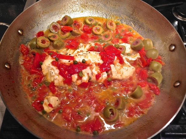 Poached Cod with Tomatoes, Olives and Capers